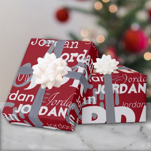 Repeating Name Pattern Red Silver White Christmas Wrapping Paper