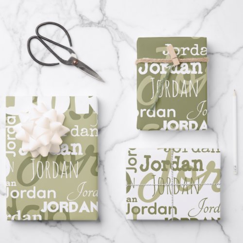 Repeating Name Pattern Sage Green White Modern Wrapping Paper Sheets