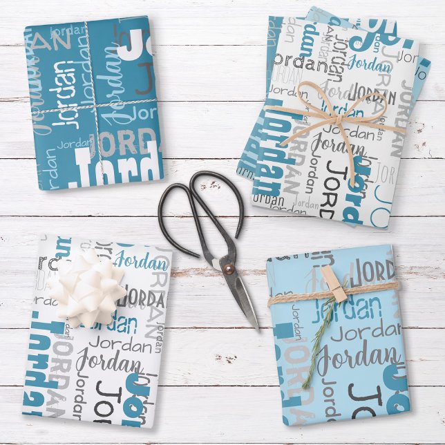 Repeating Name Personalized Blue White Gray Wrapping Paper Sheets (Set includes three sheets - one of each color.)