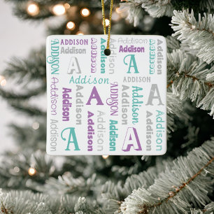 Repeating Name Personalized Gray Purple Teal Ceramic Ornament