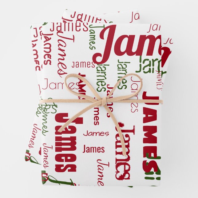 Repeating Name Personalized White Red Green Wrapping Paper Sheets (In situ)