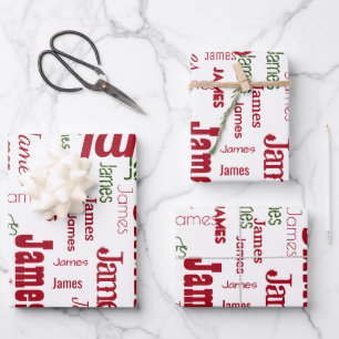 Repeating Name Personalized White Red Green Wrapping Paper Sheets