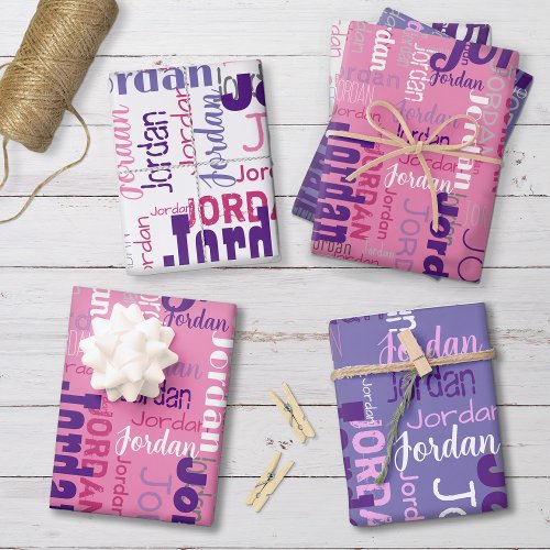 Repeating Name Pink and Purple Birthday Wrapping Paper Sheets