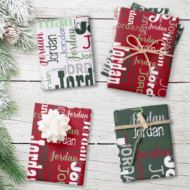 Repeating Name Red Dark Green White Christmas Wrapping Paper Sheets (Creator Uploaded)