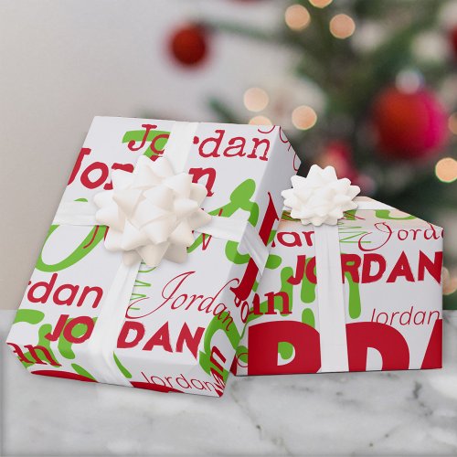 Repeating Name Red Green Font Pattern Christmas Wrapping Paper