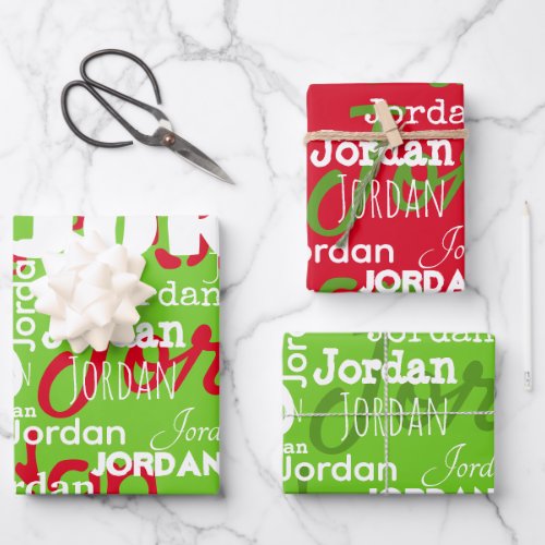 Repeating Name Red Green White Christmas Wrapping Paper Sheets