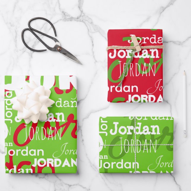 Repeating Name Red Green White Christmas Wrapping Paper Sheets (Front)