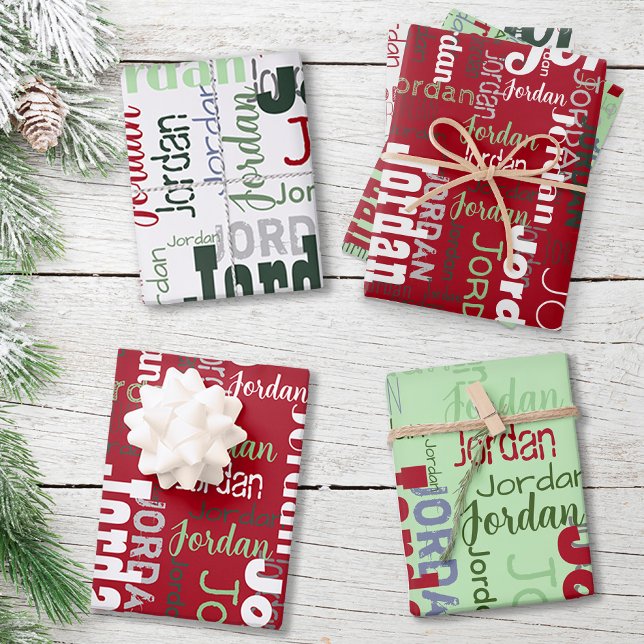 Repeating Name Red Green White Christmas Wrapping Paper Sheets (Creator Uploaded)