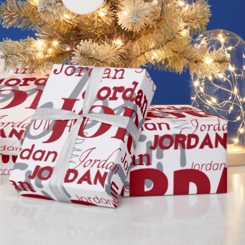 Repeating Name Red Silver White Pattern Christmas Wrapping Paper