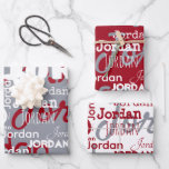 Repeating Name Red White Silver Christmas Wrapping Paper Sheets<br><div class="desc">This unique repeating name pattern red,  white and silver personalized Christmas wrapping paper features their name or family name in a repeating word graffiti patternwith various fonts. Your recipient will love to see their name gracing the front of their gifts!</div>