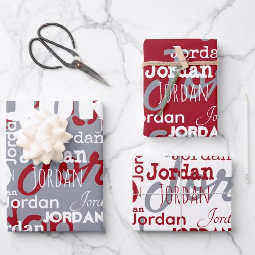 Repeating Name Red White Silver Christmas Wrapping Paper Sheets