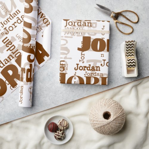 Repeating Name White Brown Modern Neutrals Trendy Wrapping Paper