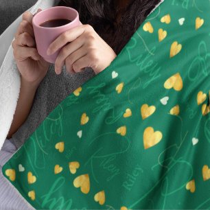 Repeating Name with Gold Hearts dark-emerald-green Fleece Blanket