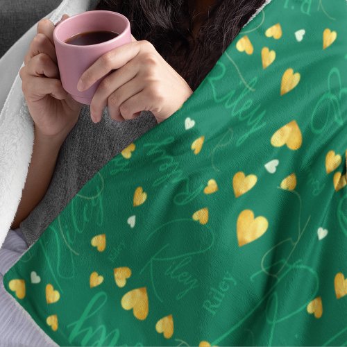 Repeating Name with Gold Hearts dark_emerald_green Fleece Blanket