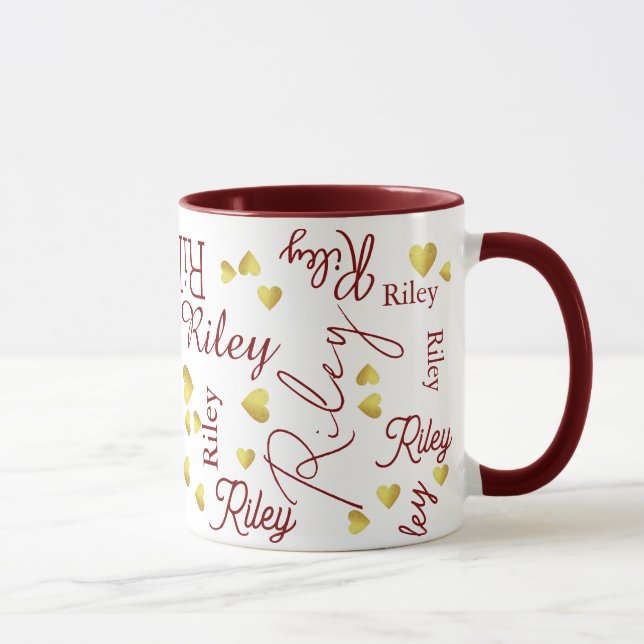Repeating Name with Gold Hearts maroon Mug (Right)