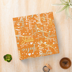 Repeating Names and Hearts all over along orange 3 Ring Binder
