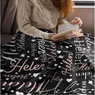 Repeating Names and Hearts all over the black Fleece Blanket