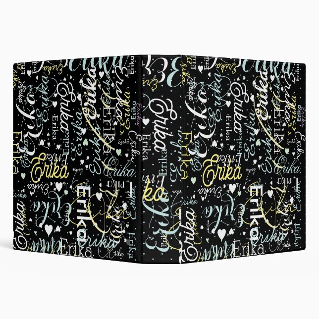Repeating Names and Hearts Romantic Black 3 Ring Binder (Background)