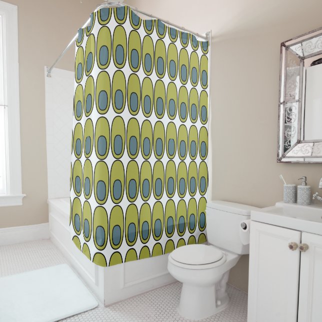 Repeating Olive Green and Gray Ovals Shower Curtain (In Situ)