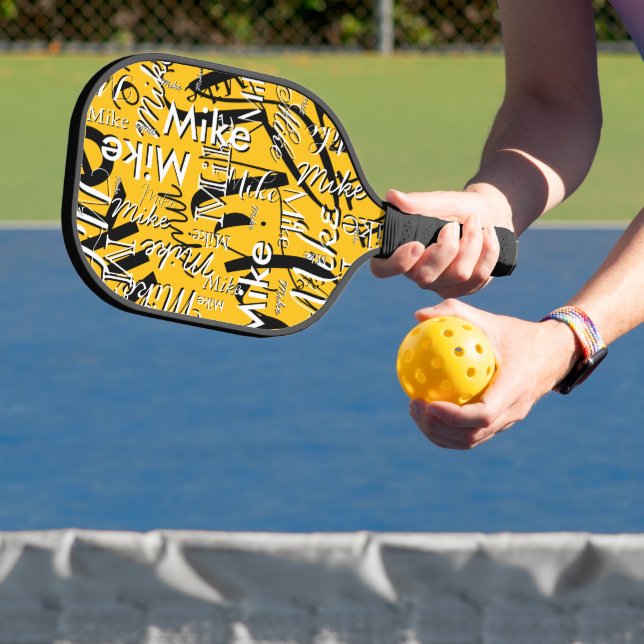 Repeating Overlapping Name All Over Yellow  Pickleball Paddle (Insitu)