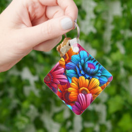 Repeating pattern of 3d colorful flowers keychain