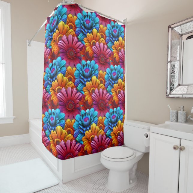 Repeating pattern of 3d colorful flowers shower curtain (In Situ)