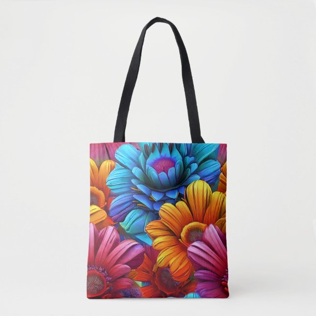 Repeating pattern of 3d colorful flowers tote bag (Front)