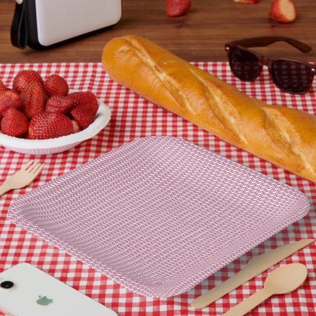 Repeating pattern of small, wavy, reddish-pink lin paper plates (Picnic)