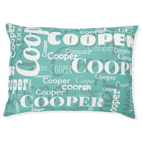 Repeating Pet Name Pattern Teal  White Modern Pet Bed