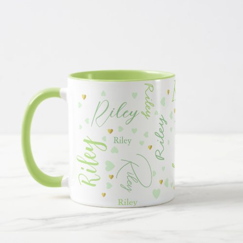 Repeating Riley custom name  green hearts  Mug