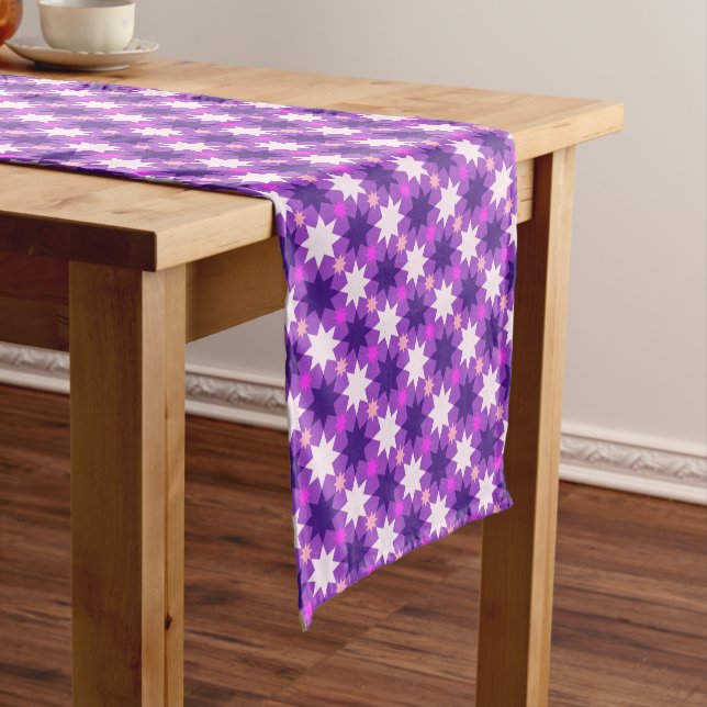 Repeating stars fun pattern on purple short table runner (In Situ)