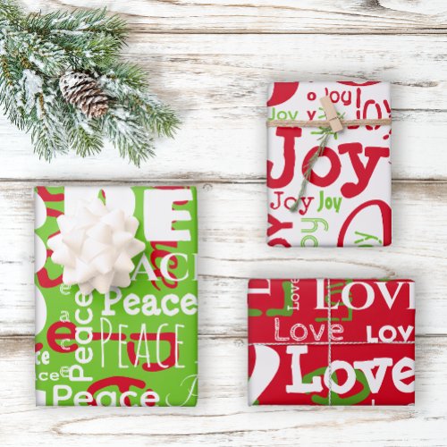 Repeating Word Peace Joy Love Red Green Christmas Wrapping Paper Sheets