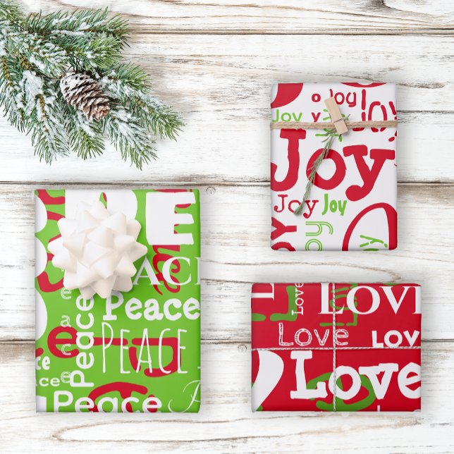 Repeating Word Peace Joy Love Red Green Christmas Wrapping Paper Sheets (Creator Uploaded)