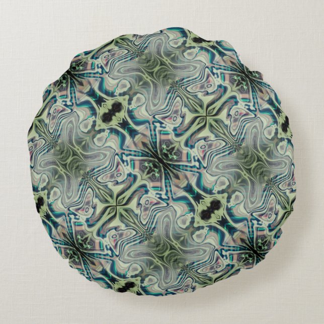 Repetition of greyish green and greenish cyan thro round pillow (Back)