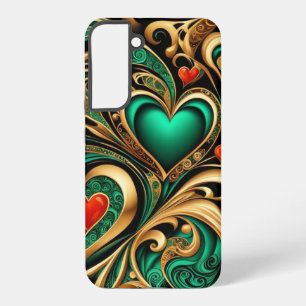 Repetitive Hearts Swirls Pattern Emerald Gold Samsung Galaxy S22+ Case