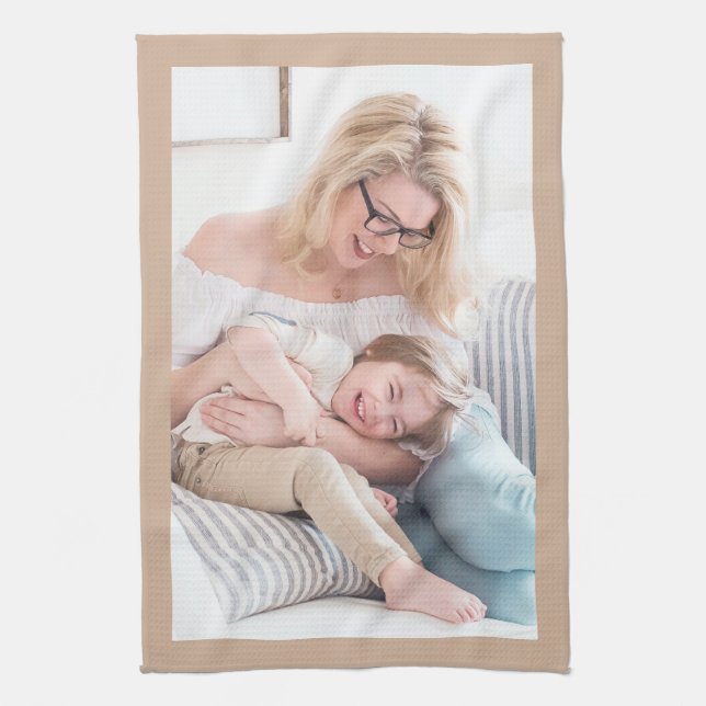 Replace With Your Photo, Tan Border Kitchen Towel (Vertical)