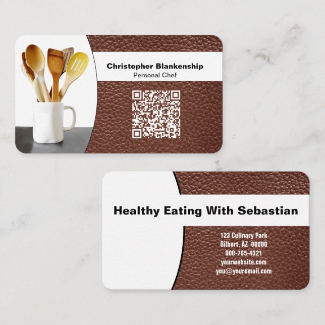 Replaceable Chef Spoons Photo on Leather QR Code Business Card (Front/Back)