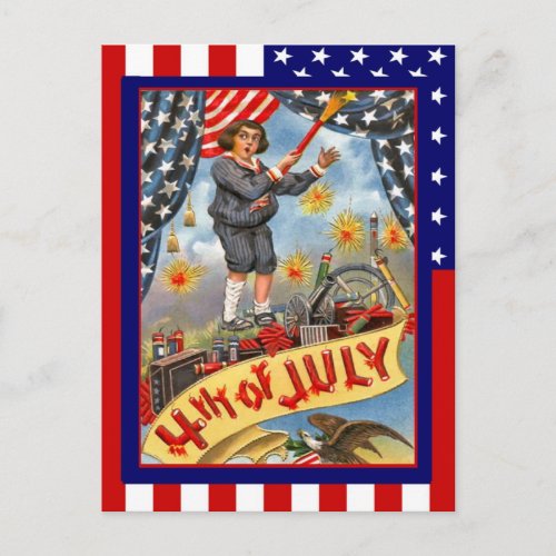 Replica Vintage 4th of July Boy with firecrackers Postcard