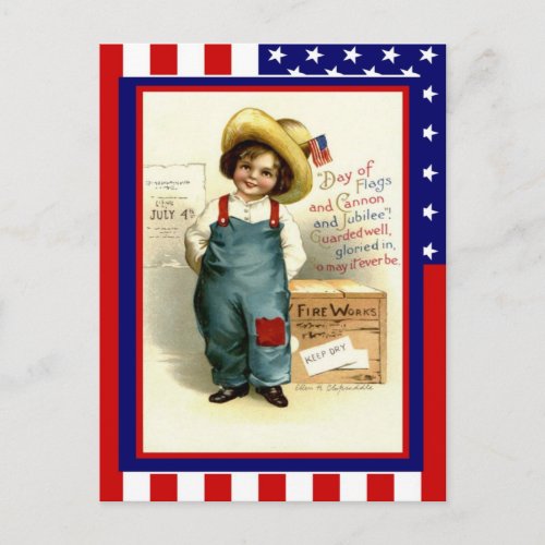 Replica Vintage 4th of July Boy with fireworks Postcard