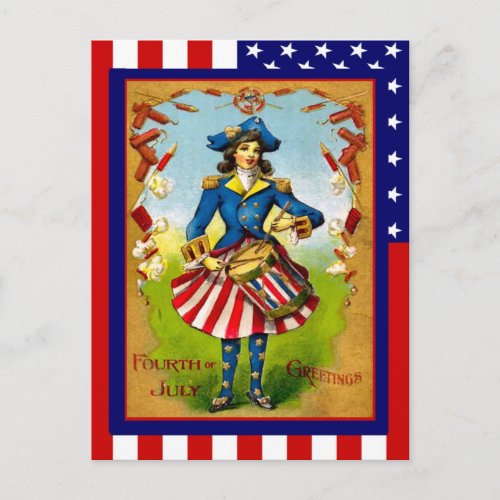 Replica Vintage 4th of July Drummer girl Postcard