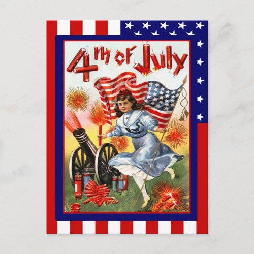Replica Vintage 4th of July Girl with flag Postcard