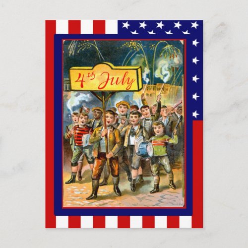 Replica Vintage 4th of July Kids with banner Postcard