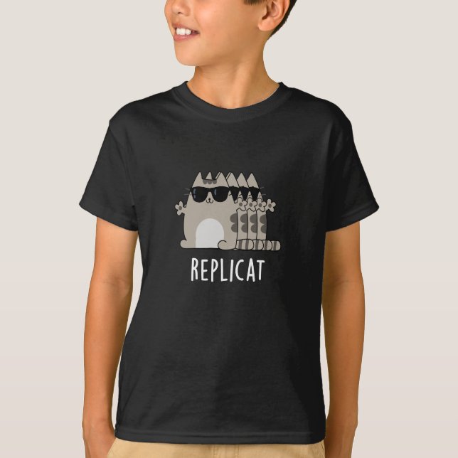 Replicat Funny Replicated Cat Pun Dark BG T-Shirt (Front)