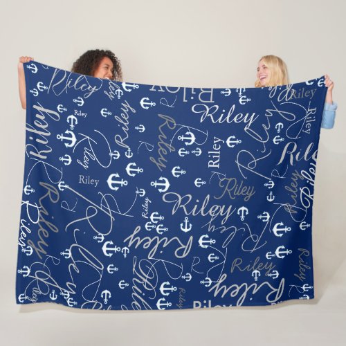 Replicated Names Initials and Anchors Navy Fleece Blanket