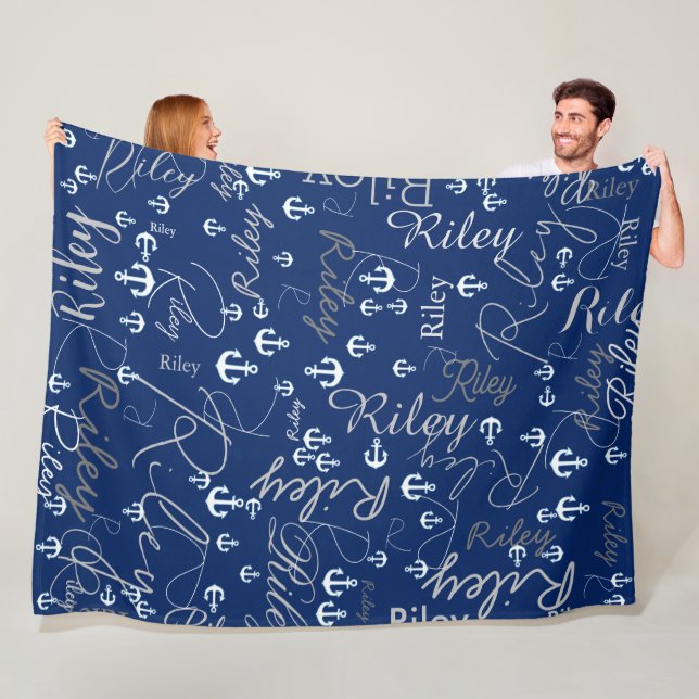 Replicated Names Initials and Anchors Navy Fleece Blanket (In Situ)