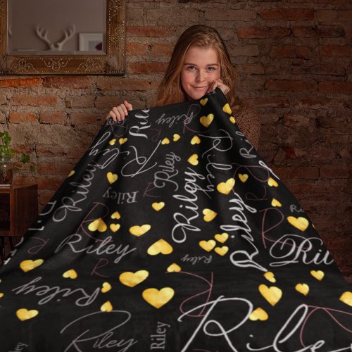 Replicated names initials and gold hearts black fleece blanket
