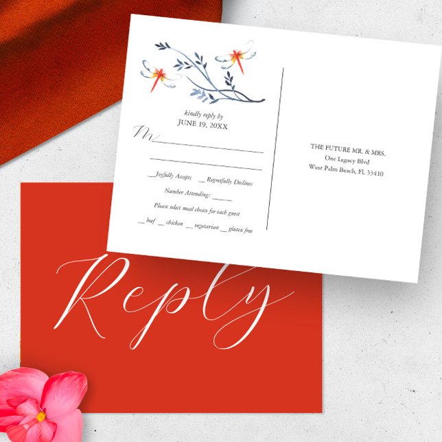 Reply Card Wedding Meal Choice (Wedding rsvp card features unique red dragonfly and botanical watercolor art by Victoria Grigaliunas)