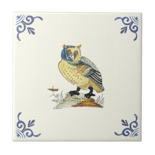 Repro 1700s Antique Hand Painted Delft Owl Ceramic Tile
