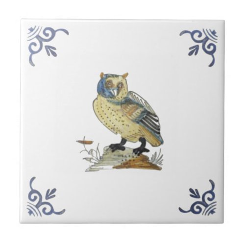 Repro 1700s Antique Painted Delft Owl Tile White 