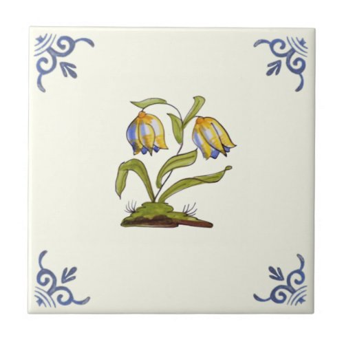 Repro 1700s Handpainted Delft Yellow Tulips Floral Ceramic Tile